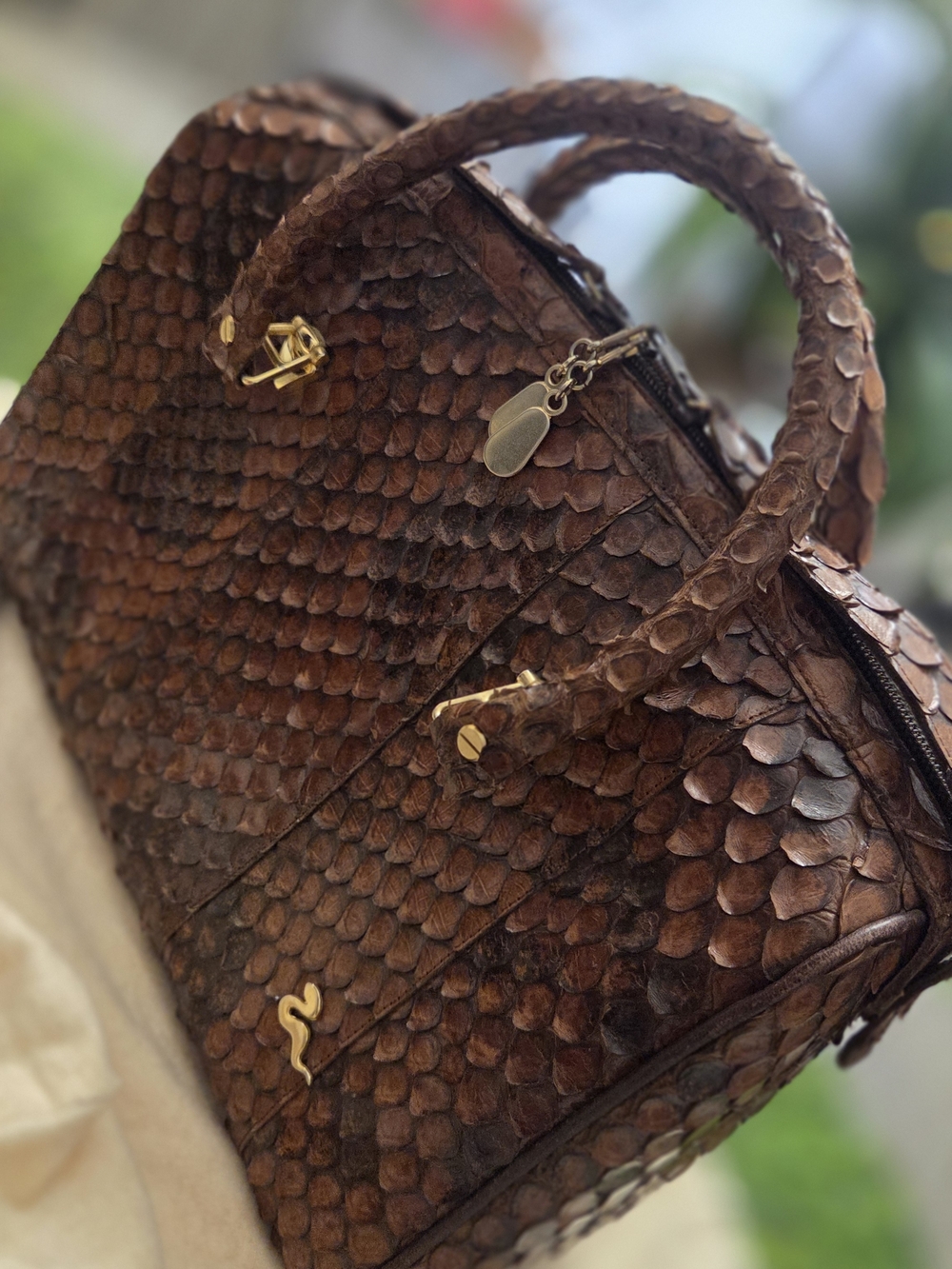 Brown Python-Texture Leather Tote Bag